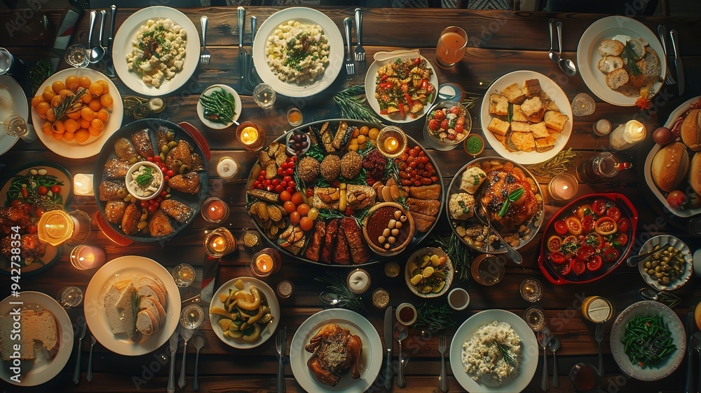 Fototapeta premium Full table of delicious dinner party table European food