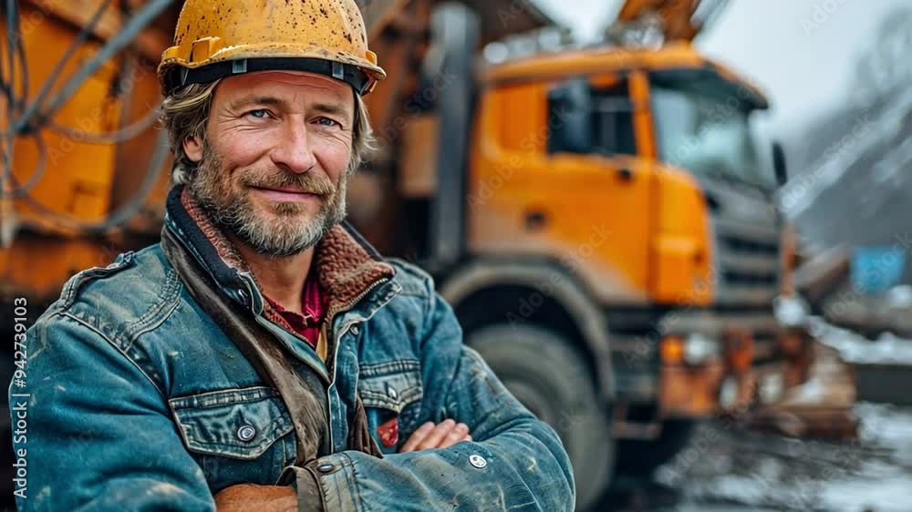 a hard-hat-wearing man standing in front of the vehicle, a hard-hat-wearing man standing in front of the vehicle,