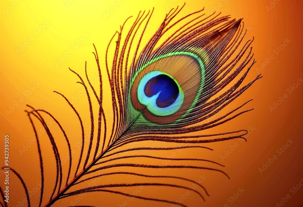 Obraz premium A close-up of a vibrant peacock feather against an orange and yellow background, showcasing the intricate patterns and iridescent colors of the feather
