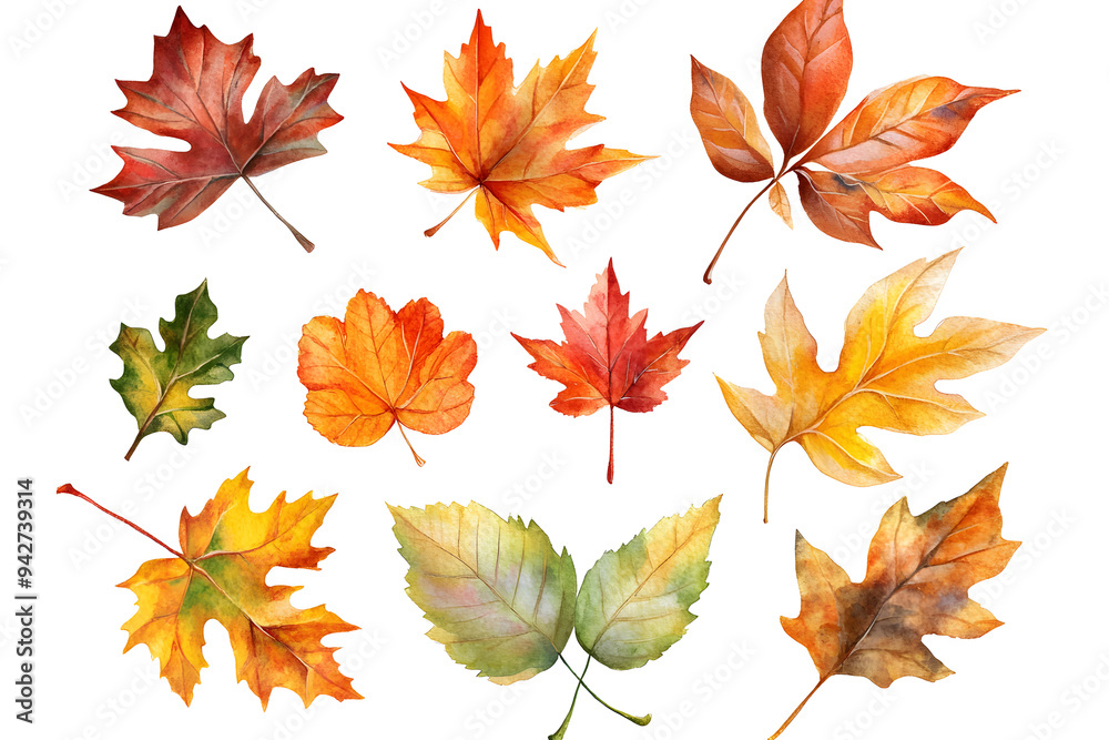 Fototapeta premium Watercolor autumn yellow leaves and plants collection isolated on white background