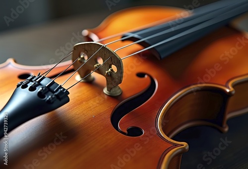 A close-up view of a wooden violin on a dark wooden surface photo