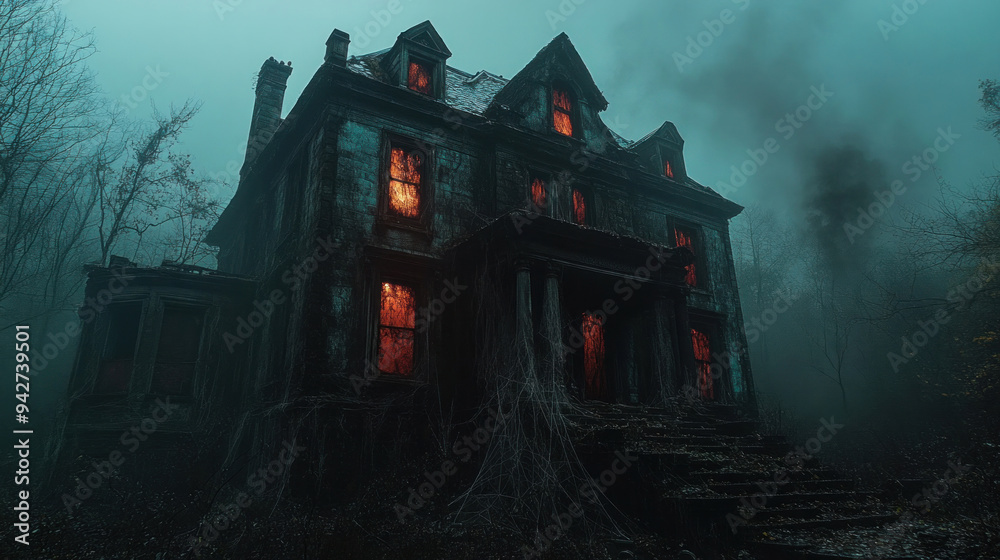 A close-up of an old, decrepit haunted house with broken windows, cobwebs, and a sinister glow emanating from within. A close-up of an old, decrepit haunted house with broken windows, cobwebs, and a sinister glow emanating from within.