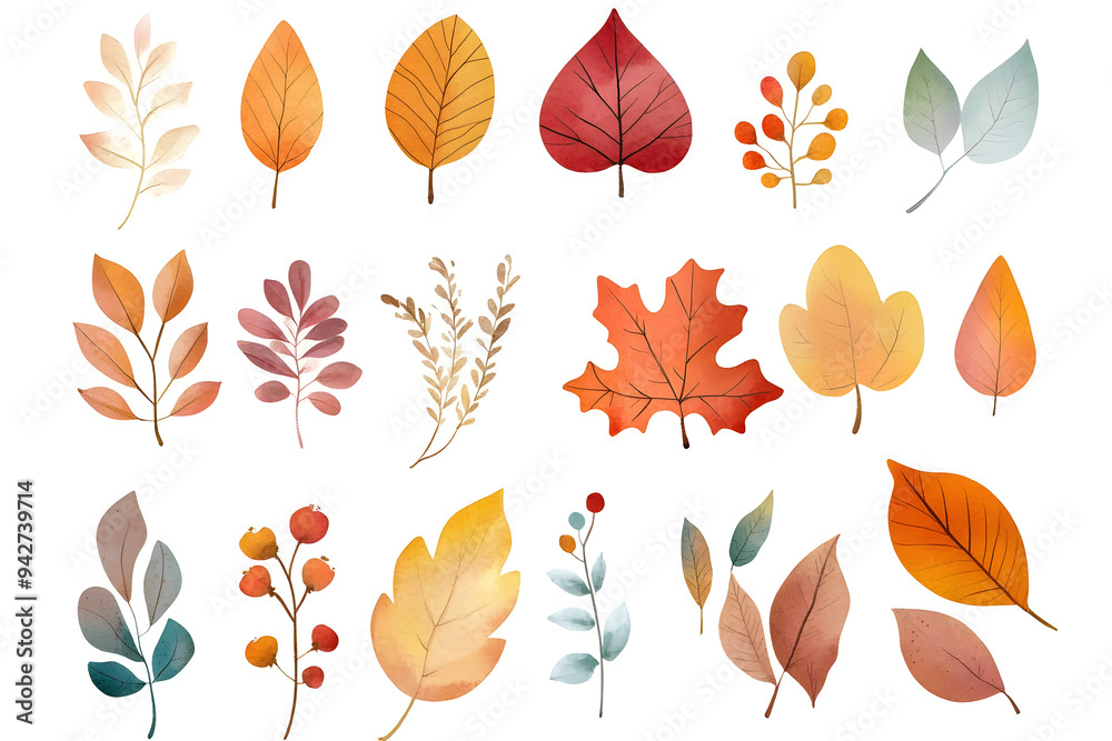 Fototapeta premium Watercolor autumn yellow leaves and plants collection isolated on white background