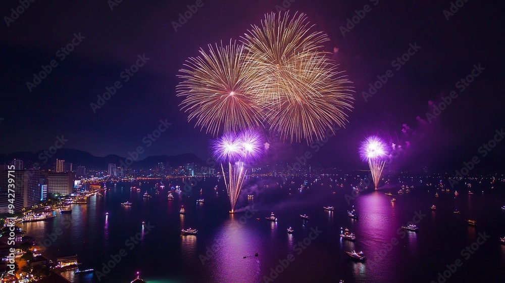 Beautiful of bright light fireworks Show in middle sea. Beautiful of bright light fireworks Show in middle sea.