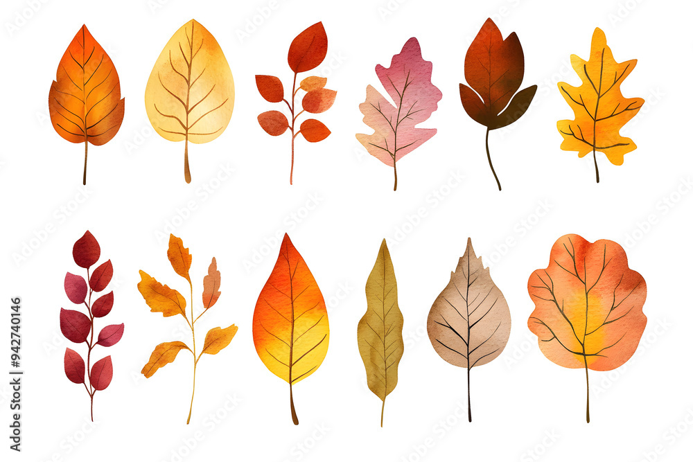 Fototapeta premium Watercolor autumn yellow leaves and plants collection isolated on white background
