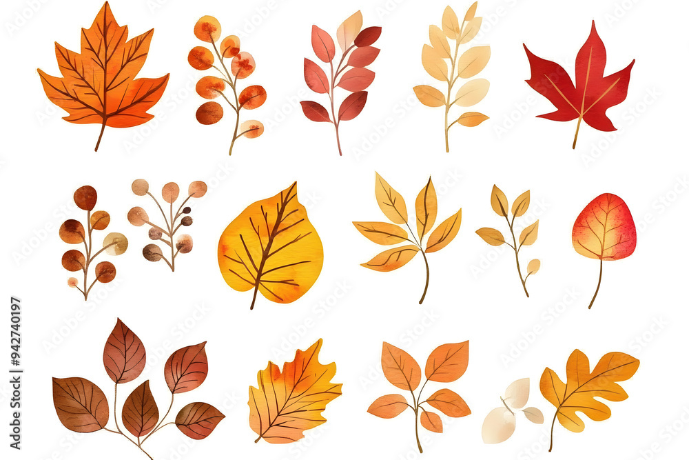 Fototapeta premium Watercolor autumn yellow leaves and plants collection isolated on white background
