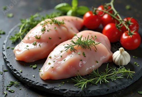 Raw chicken breasts with cherry tomatoes, garlic, and herbs on a dark background