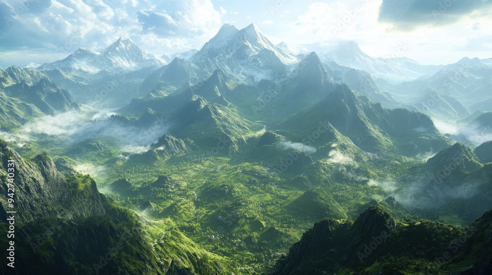 Majestic Mountain Range with Mist and Lush Greenery Majestic Mountain Range with Mist and Lush Greenery