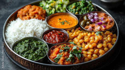 A colorful Indian thali breakfast plate with multiple compartments filled with poha, upma, chutneys, and sambar.