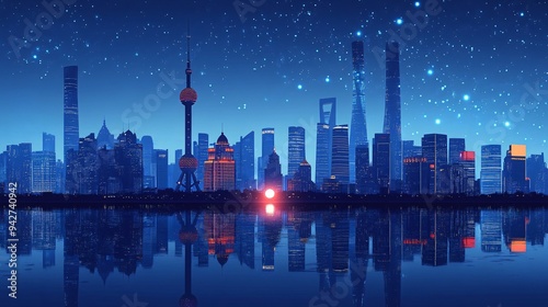 Deep blue backdrop featuring iconic silhouettes of Shanghai, including the Oriental Pearl Tower, capturing the city's essence in a striking design.