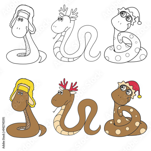 Set of brown vector snakes. Symbol of 2025. In a hat with earflaps and deer antlers