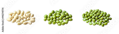 Side View of Mung Beans, Fava Beans, and Peas. Isolated on a Transparent Background. Cutout PNG.