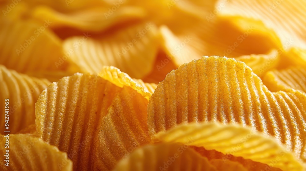A background of yellow potato chips with ridges, arranged in an artistic pattern, showcasing the unique texture and shape of these delicious snacks. A background of yellow potato chips with ridges, arranged in an artistic pattern, showcasing the unique texture and shape of these delicious snacks.