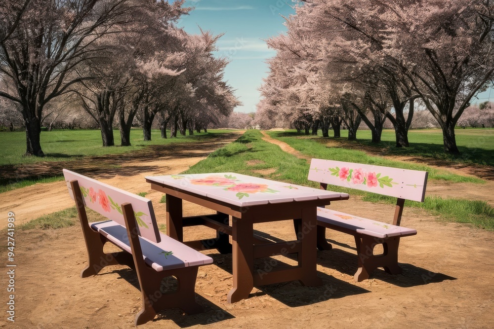 A Tranquil Outdoor Dining Setup Among Blooming Cherry Blossom Trees on a Sunny Spring Day. Generative AI