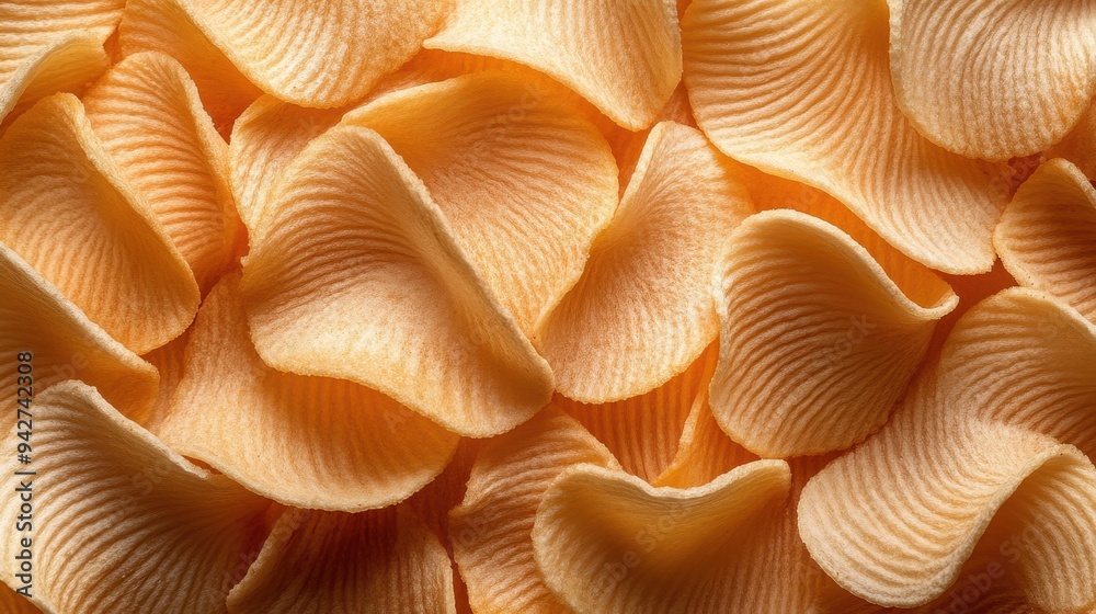A pattern of ridged potato chips, arranged in an orderly fashion on the surface, creates a visually appealing and textured background for product photography. A pattern of ridged potato chips, arranged in an orderly fashion on the surface, creates a visually appealing and textured background for product photography.