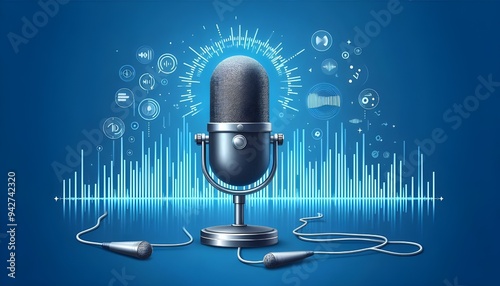 microphone with waveform on blue background, podcast banner concept photo