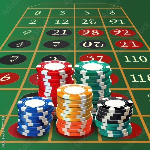 Chips stacked on a casino table, representing the thrill of gambling and making bets in a competitive poker game. photo