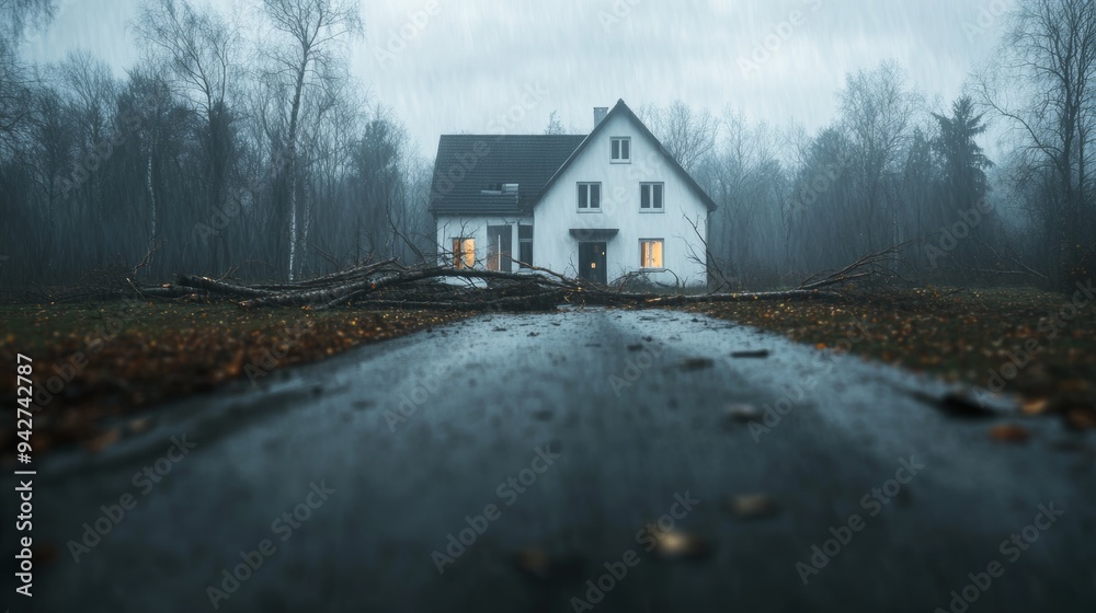 Suburban home destroyed by fallen trees, the roof caved in and windows shattered, in a dystopian digital painting, sharp contrast with gloomy, desaturated colors. Suburban home destroyed by fallen trees, the roof caved in and windows shattered, in a dystopian digital painting, sharp contrast with gloomy, desaturated colors.
