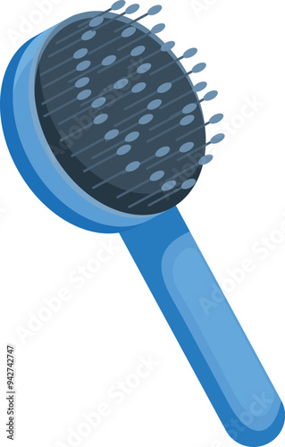 Blue hairbrush is lying on a white background and is used for combing and styling hair