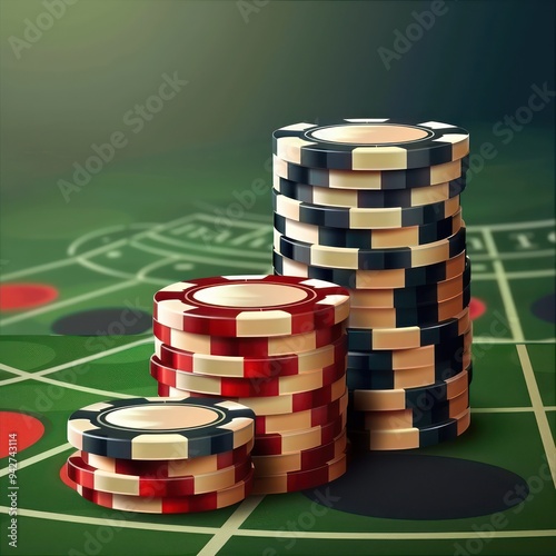 Chips stacked on a casino table, representing the thrill of gambling and making bets in a competitive poker game. photo