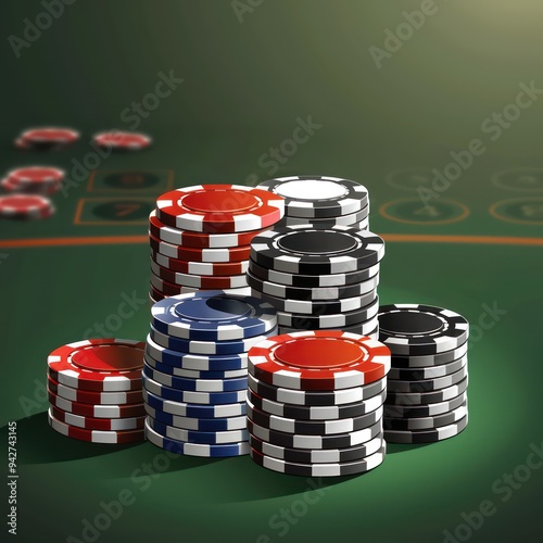 Chips stacked on a casino table, representing the thrill of gambling and making bets in a competitive poker game. photo