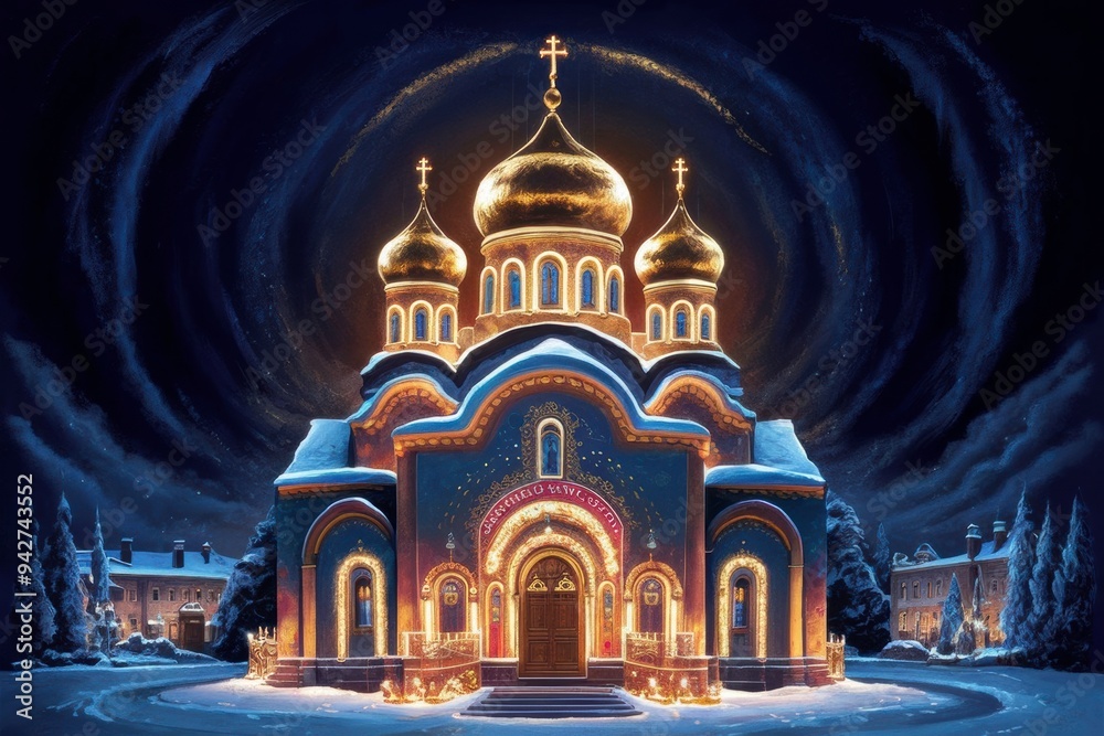Obraz premium A Beautifully Illuminated Church With Golden Domes Surrounded by Snow at Night in a Winter Wonderland. Generative AI
