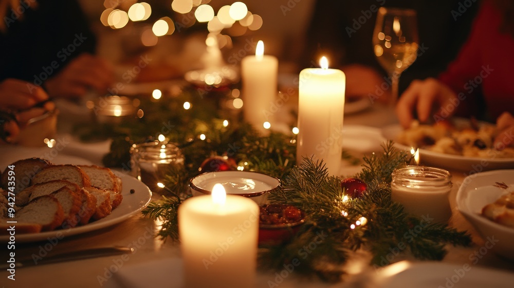 A beautifully set table adorned with flickering candles and a centerpiece of greenery hosts a variety of holiday dishes, inviting friends and family to celebrate together A beautifully set table adorned with flickering candles and a centerpiece of greenery hosts a variety of holiday dishes, inviting friends and family to celebrate together