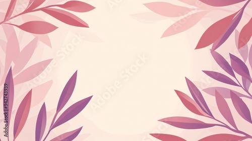 A soft pastel floral frame featuring elegant pink and purple leaves on a light background.