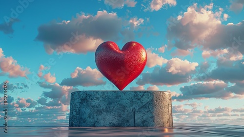 Heart on a Podium Against a Blue Sky with Clouds. Minimal photo