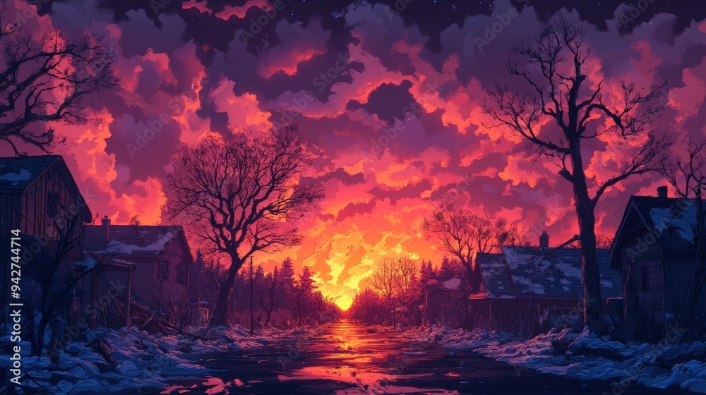 Trees fallen across roads, damaged homes, fiery sunset backdrop, fantasy illustration, vibrant colors, otherworldly yet realistic. Trees fallen across roads, damaged homes, fiery sunset backdrop, fantasy illustration, vibrant colors, otherworldly yet realistic.