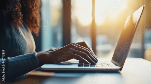 Close-up of professional businesswomen managing client tasks remotely on a laptop at desk in office.