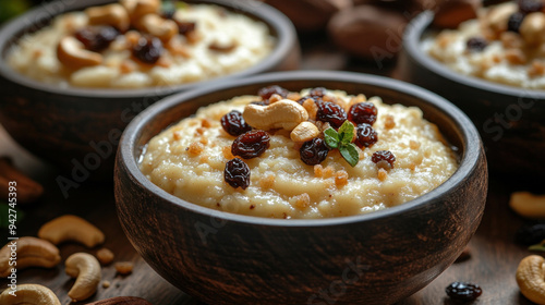 A dish of sheera (semolina pudding) garnished with raisins and cashews, offering a sweet start to the morning.