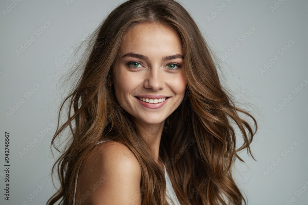 Portrait of young attractive woman on white gray background. young woman with beautiful long hair and blue eyes. Beauty shot of woman with smile face. Portrait of young attractive woman on white gray background. young woman with beautiful long hair and blue eyes. Beauty shot of woman with smile face.