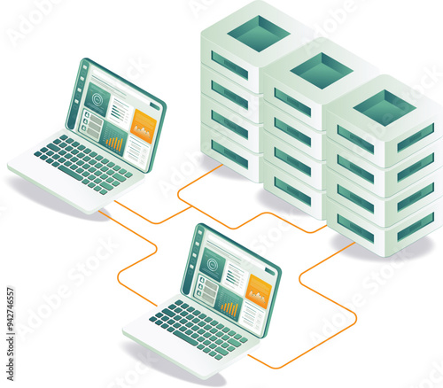 Two laptops connected to a server in a network setup