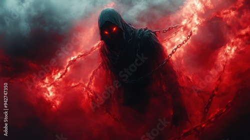 Fototapeta Naklejka Na Ścianę i Meble -  Malevolent Presence - Sinister creature with glowing red eyes, chains amidst red smoke, eerie light, and mouthless shadowy figure in a dark setting.
