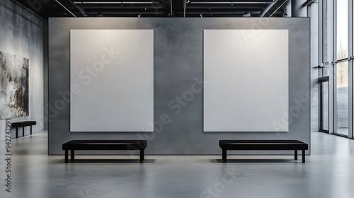 Industrial Gallery Hall with Two Blank Partitions and Gray Wall Background, Featuring Sleek Black Benches for Poster Displays