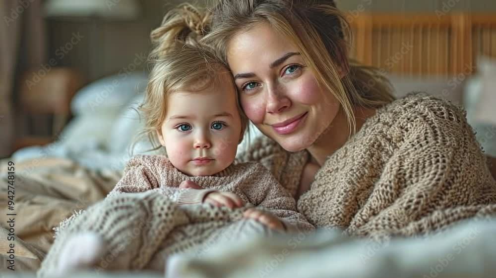 PJ-clad mother cuddling up in bed with her young daughter, enjoying weekend relaxation and bedtime playtime, PJ-clad mother cuddling up in bed with her young daughter, enjoying weekend relaxation and bedtime playtime,