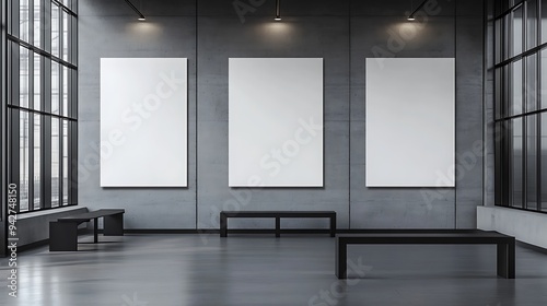 Sleek Industrial Space with Gray Walls, Black Benches, and Blank White Partitions for Promotional Posters