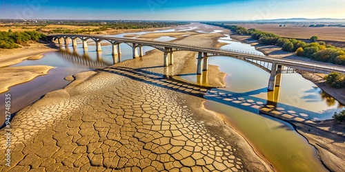 Aerial view of a sunbleached riverbed with vast cracks and a modern bridge in the background photo