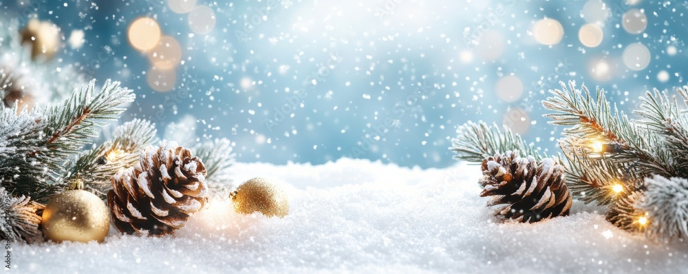 A serene winter scene featuring snow, pine cones, and sparkling lights, perfect for holiday-themed designs and decorations. A serene winter scene featuring snow, pine cones, and sparkling lights, perfect for holiday-themed designs and decorations.