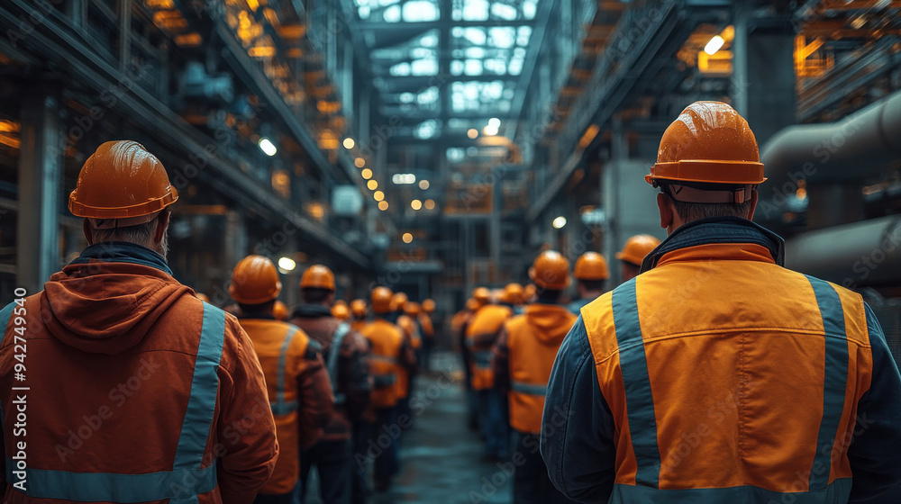 Fototapeta premium A group of construction workers attending a safety briefing on-site, surrounded by industrial materials, emphasizing safety culture.