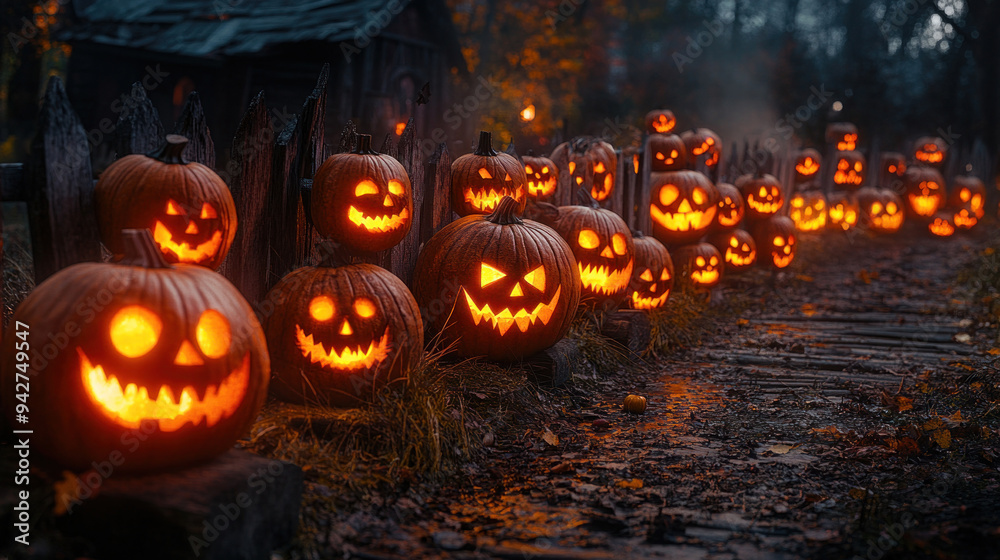 A group of jack-o'-lanterns on a wooden fence, their glowing faces casting shadows on the ground, adding to the Halloween vibe. A group of jack-o'-lanterns on a wooden fence, their glowing faces casting shadows on the ground, adding to the Halloween vibe.