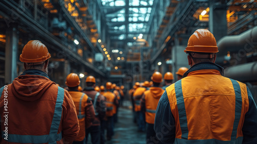 A group of construction workers attending a safety briefing on-site, surrounded by industrial materials, emphasizing safety culture.