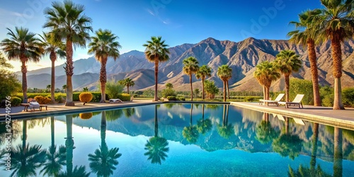 Tranquil pool with palm trees and mountains in the background perfect for a relaxing vacation getaway