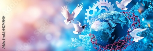 Symbolic illustration combining science and peace, featuring doves, DNA strands, gears, and a globe. photo