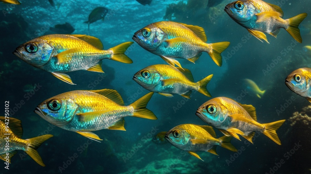 Naklejka premium A School of Yellowtail Snapper Fish Swimming in a Blue Ocean