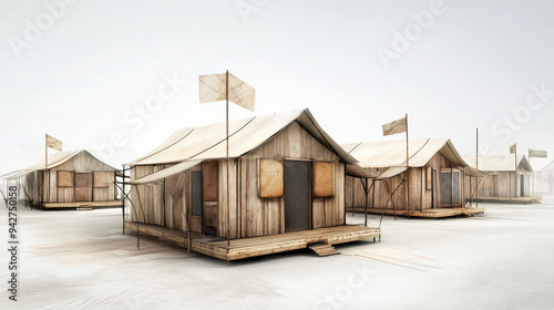 A row of rustic wooden tents with flags, conveying a sense of adventure and exploration in a serene landscape.