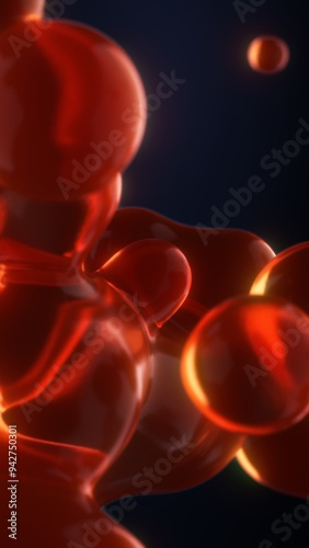 Lava lamp neon red orange satisfying metaball bubbles floating as vertical background. Macro close up depth of field concept 3D illustration backplate of elegant abstract soothing decor oil balls.
