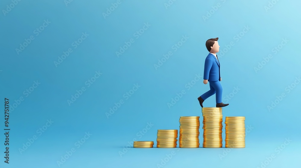 A businessman walks confidently up a stack of coins, symbolizing financial growth and success against a blue background.