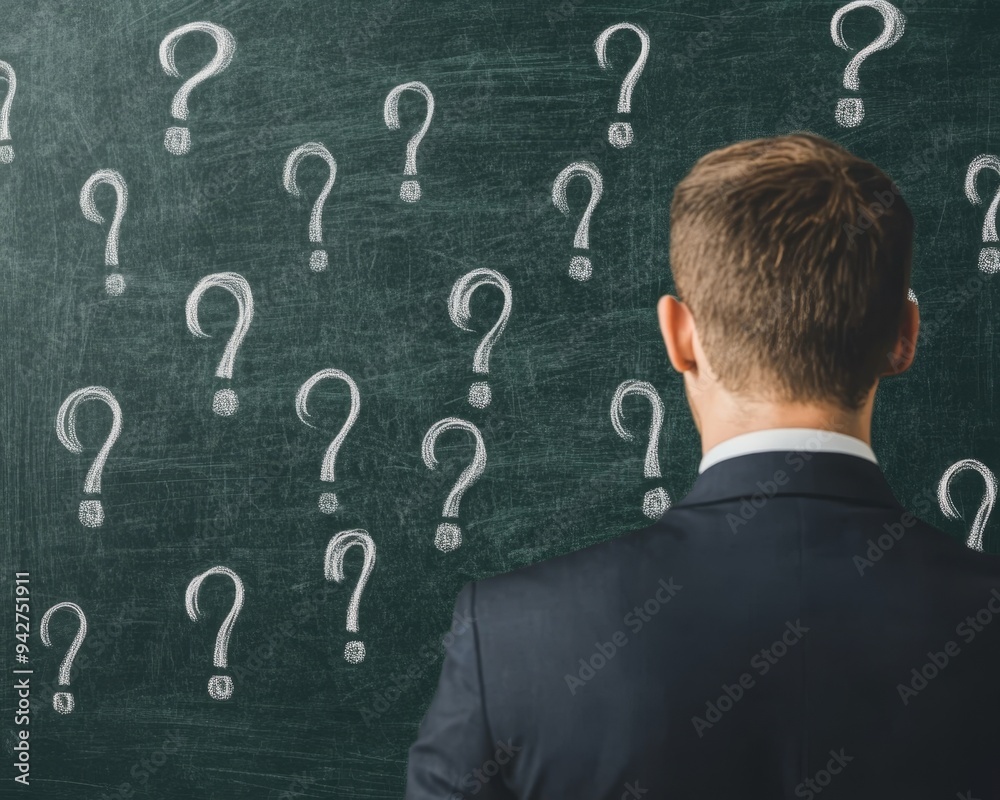 A businessman stands facing a chalkboard covered in question marks, symbolizing uncertainty and challenges. A businessman stands facing a chalkboard covered in question marks, symbolizing uncertainty and challenges.